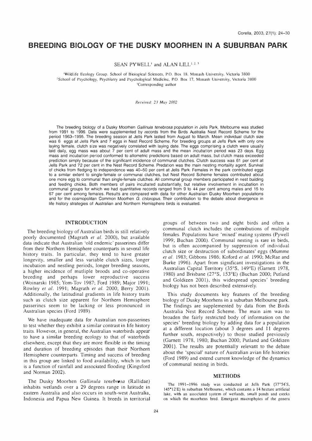 Breeding Biology of the Dusky Moorhen in a Suburban Park