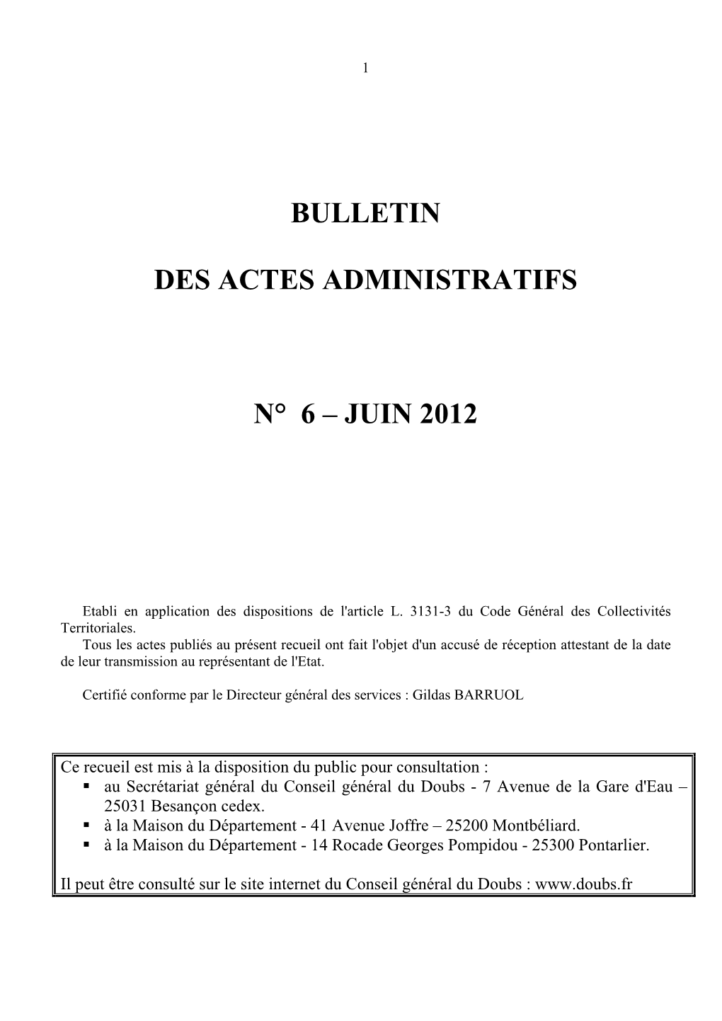 Bulletin Des Actes Administratifs N° 6 – Juin 2012