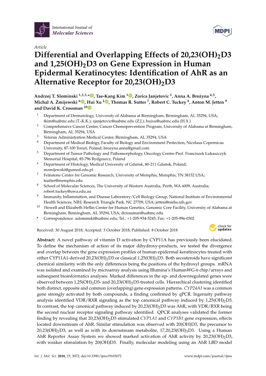 2D3 and 1,25(OH)2D3 on Gene Expression in Human Epidermal Keratinocytes: Identiﬁcation of Ahr As an Alternative Receptor for 20,23(OH)2D3