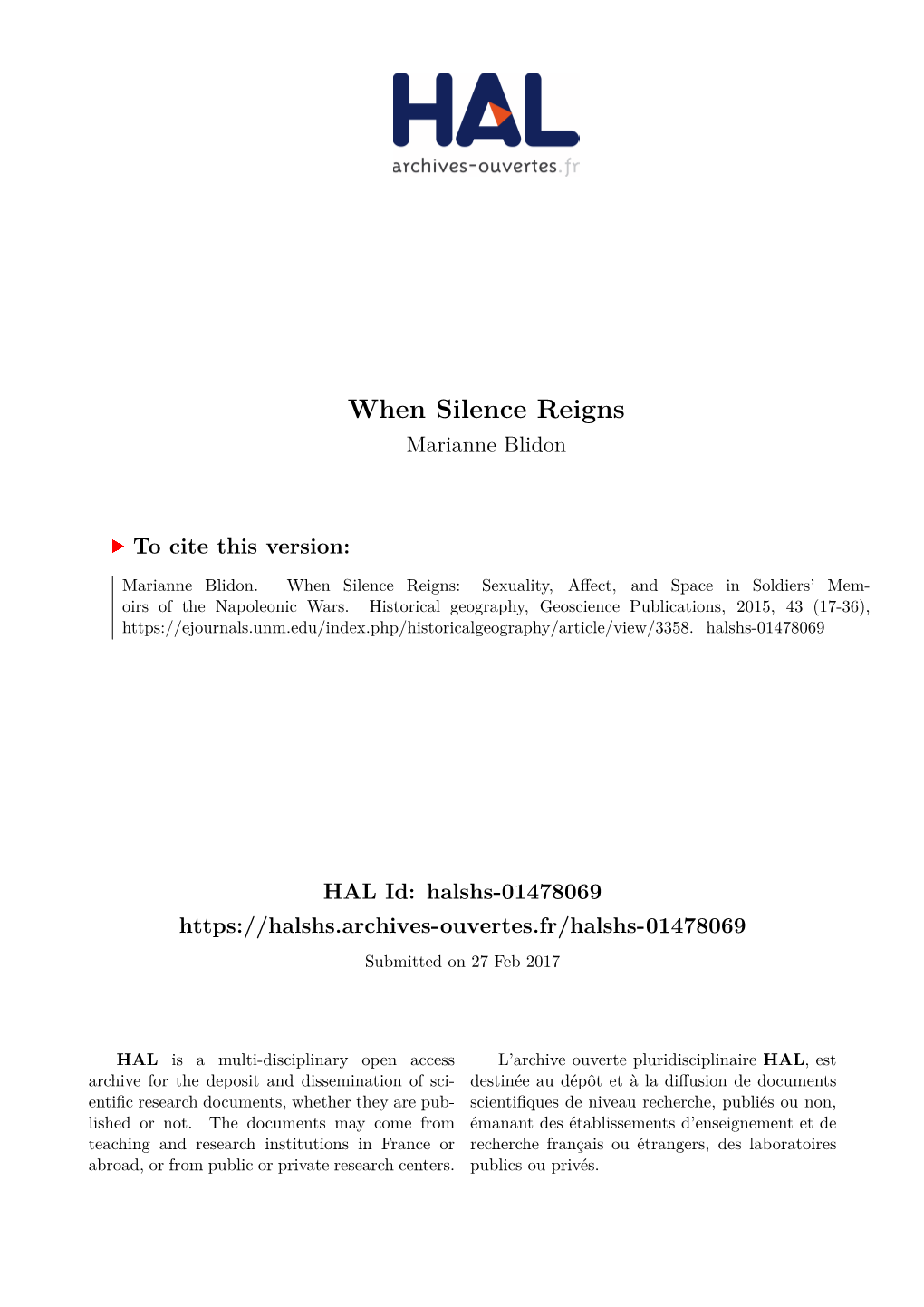 When Silence Reigns: Sexuality, Affect, and Space in Soldiers’ Mem- Oirs of the Napoleonic Wars