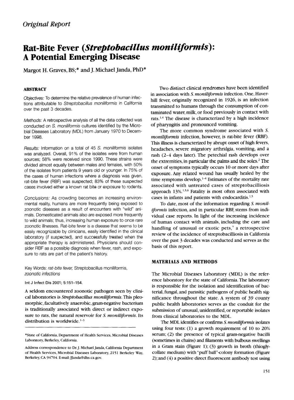 Rat-Bite Fever (Streptobac8dlu.S Monilnjiormh) : a Potential Emerging Disease Margot H