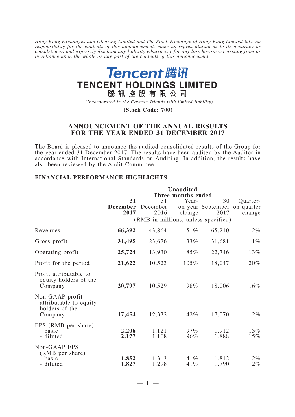 Announcement of the Annual Results for the Year Ended 31 December 2017