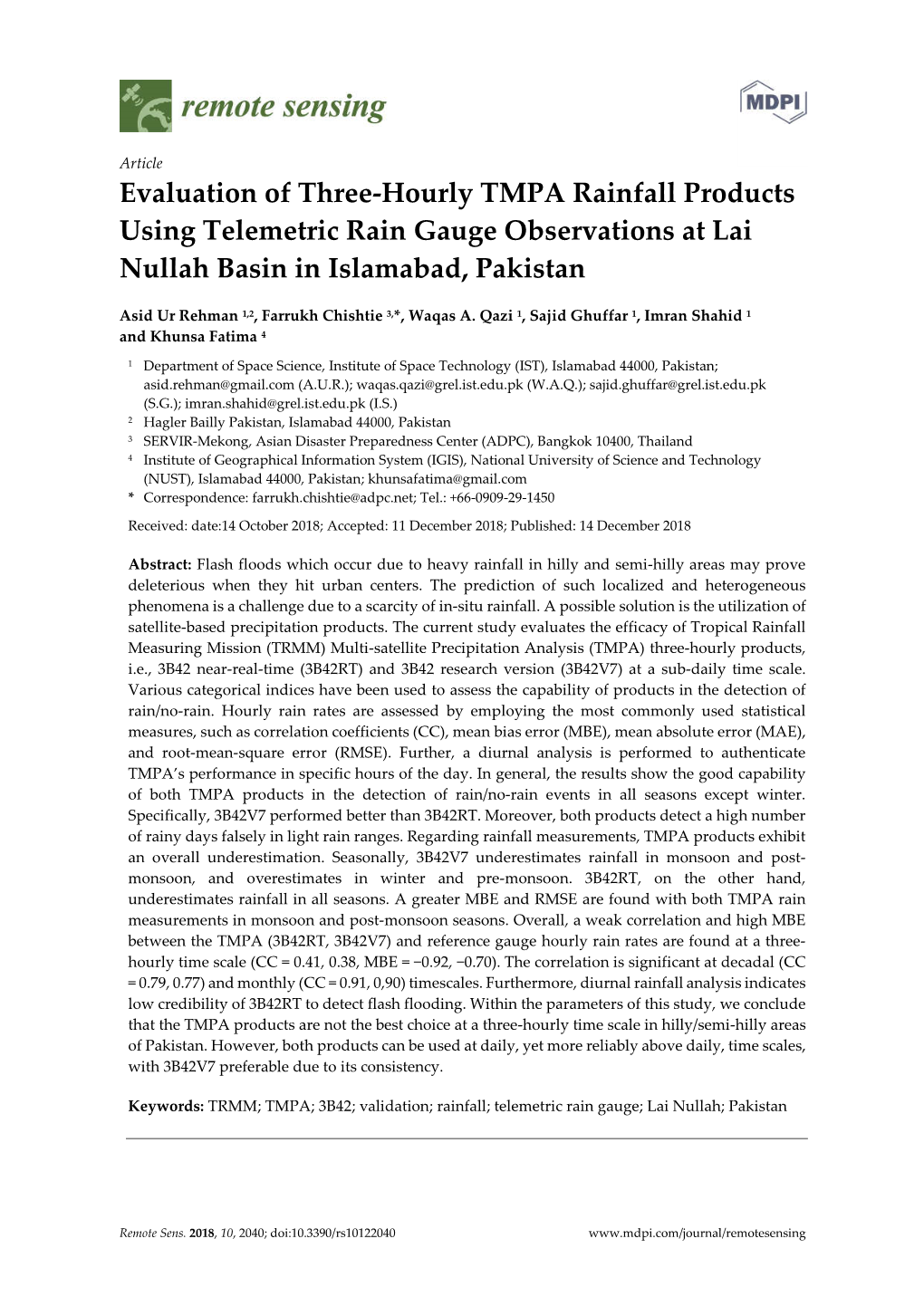 Evaluation of Three-Hourly TMPA Rainfall Products Using Telemetric Rain Gauge Observations at Lai Nullah Basin in Islamabad, Pakistan