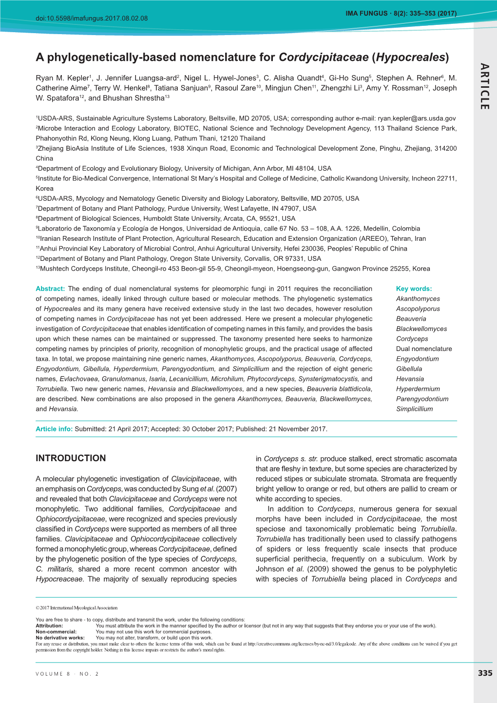 AR TICLE a Phylogenetically-Based Nomenclature for Cordycipitaceae