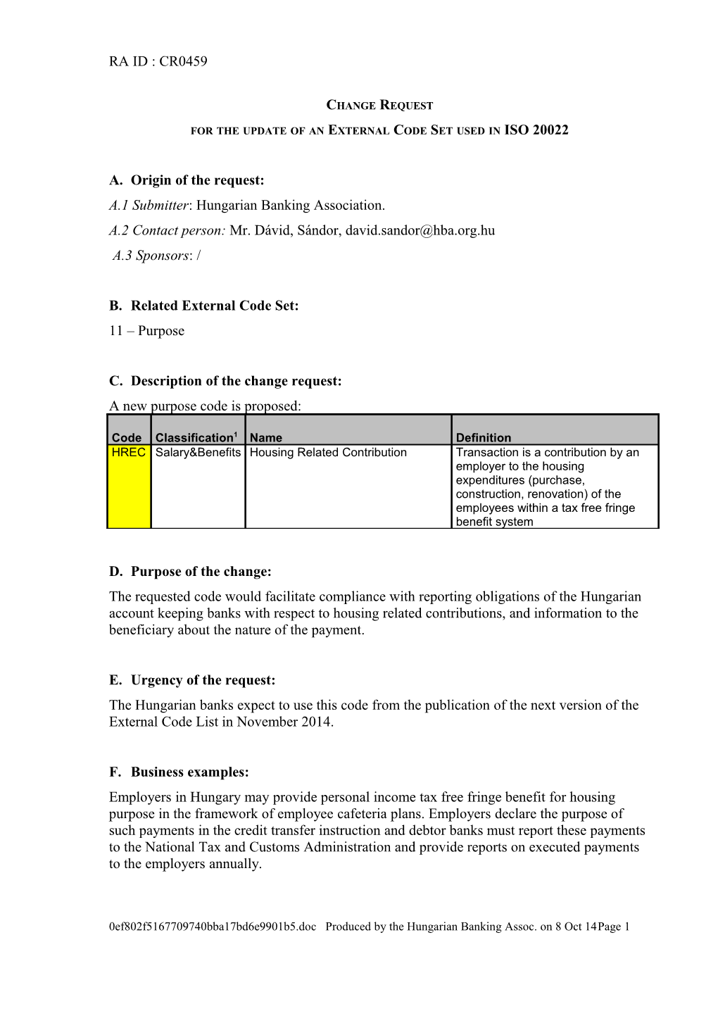 External Code Set Change Request