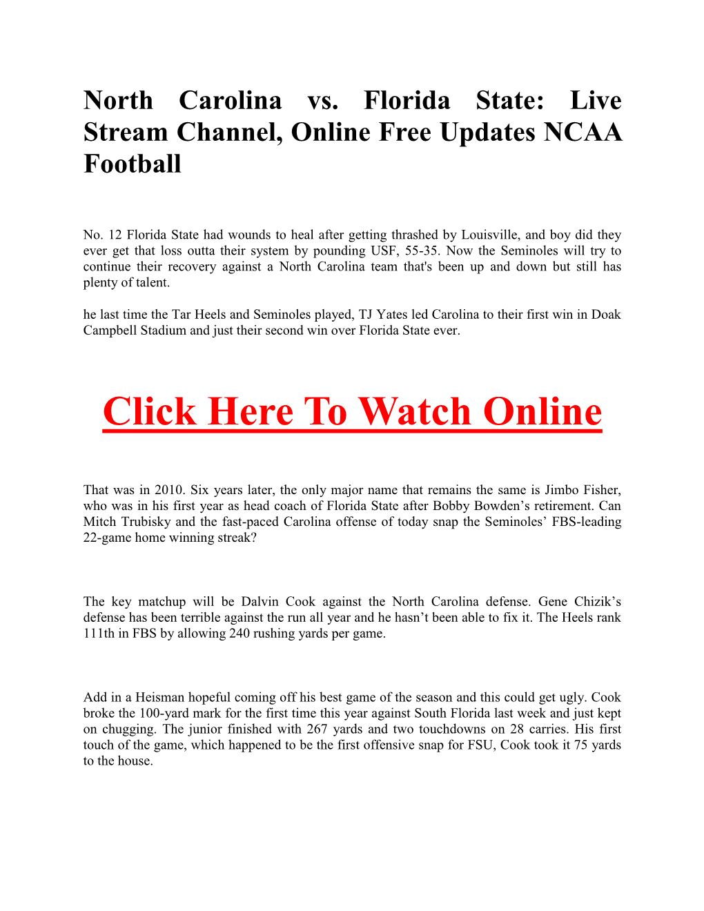 North Carolina Vs. Florida State Live Stream Channel, Online Free