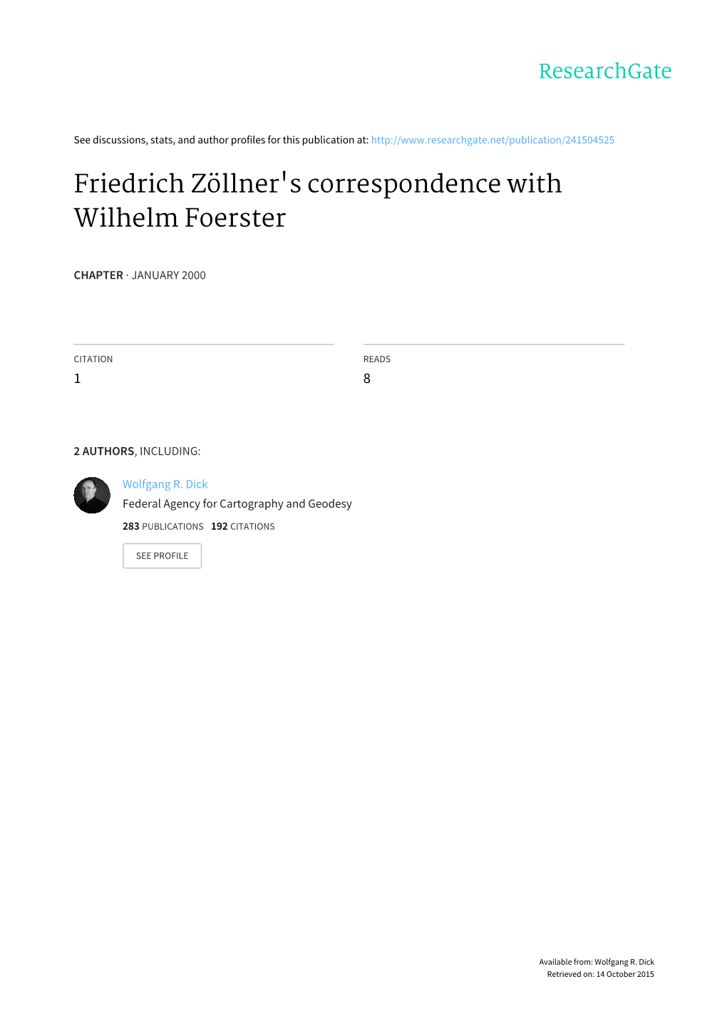 Friedrich Zöllner's Correspondence with Wilhelm Foerster