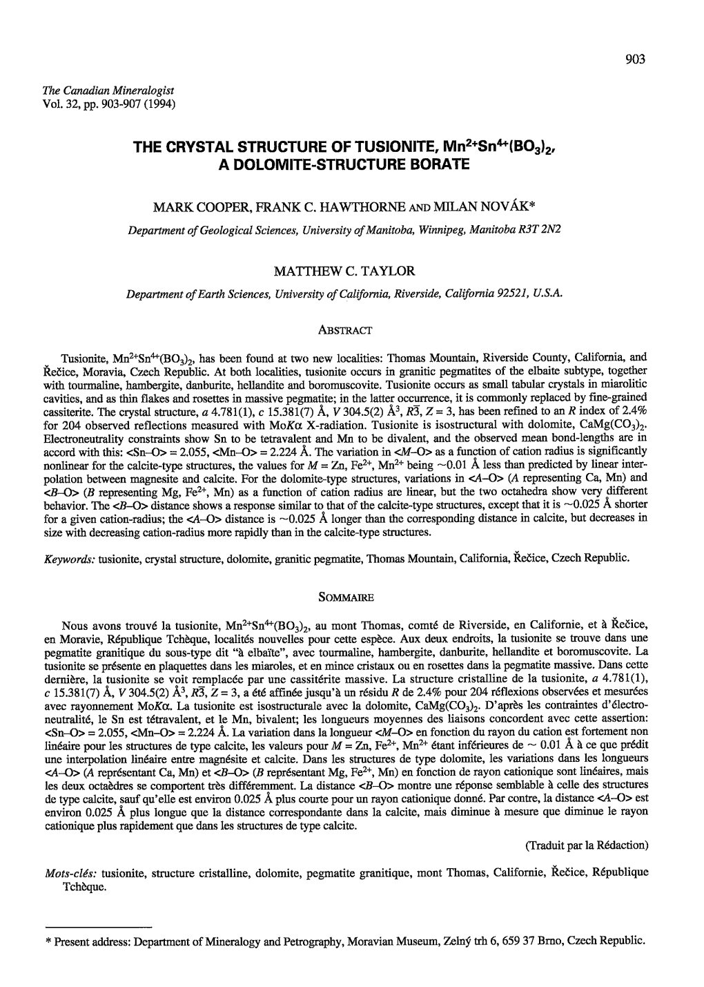 THE CRYSTAL STRUCTURE of TUSIONITE, Mn2+Sn4+(Bog)2, a DOLOMITE.STRUCTURE BORATE