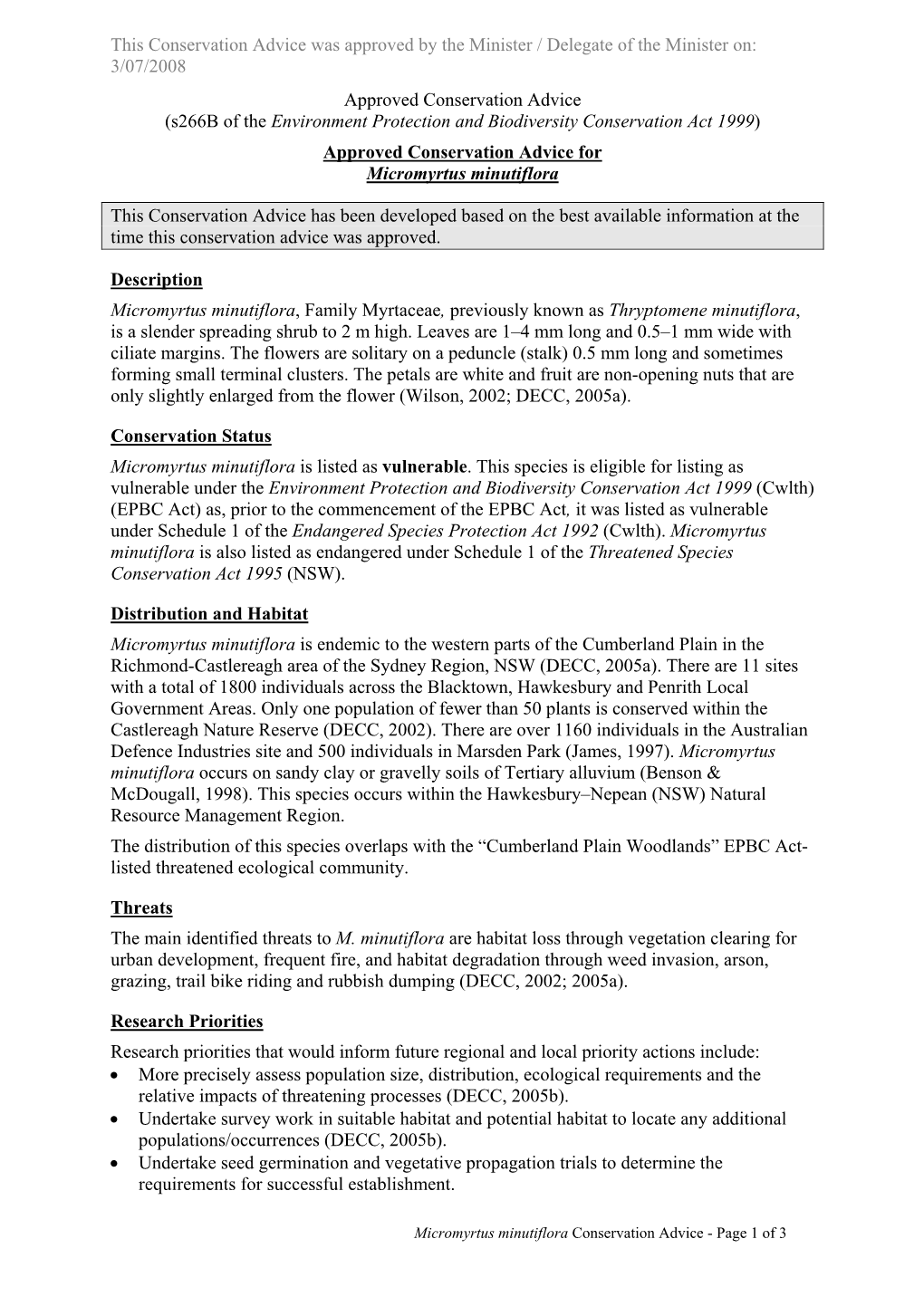 Approved Conservation Advice for Micromyrtus Minutiflora