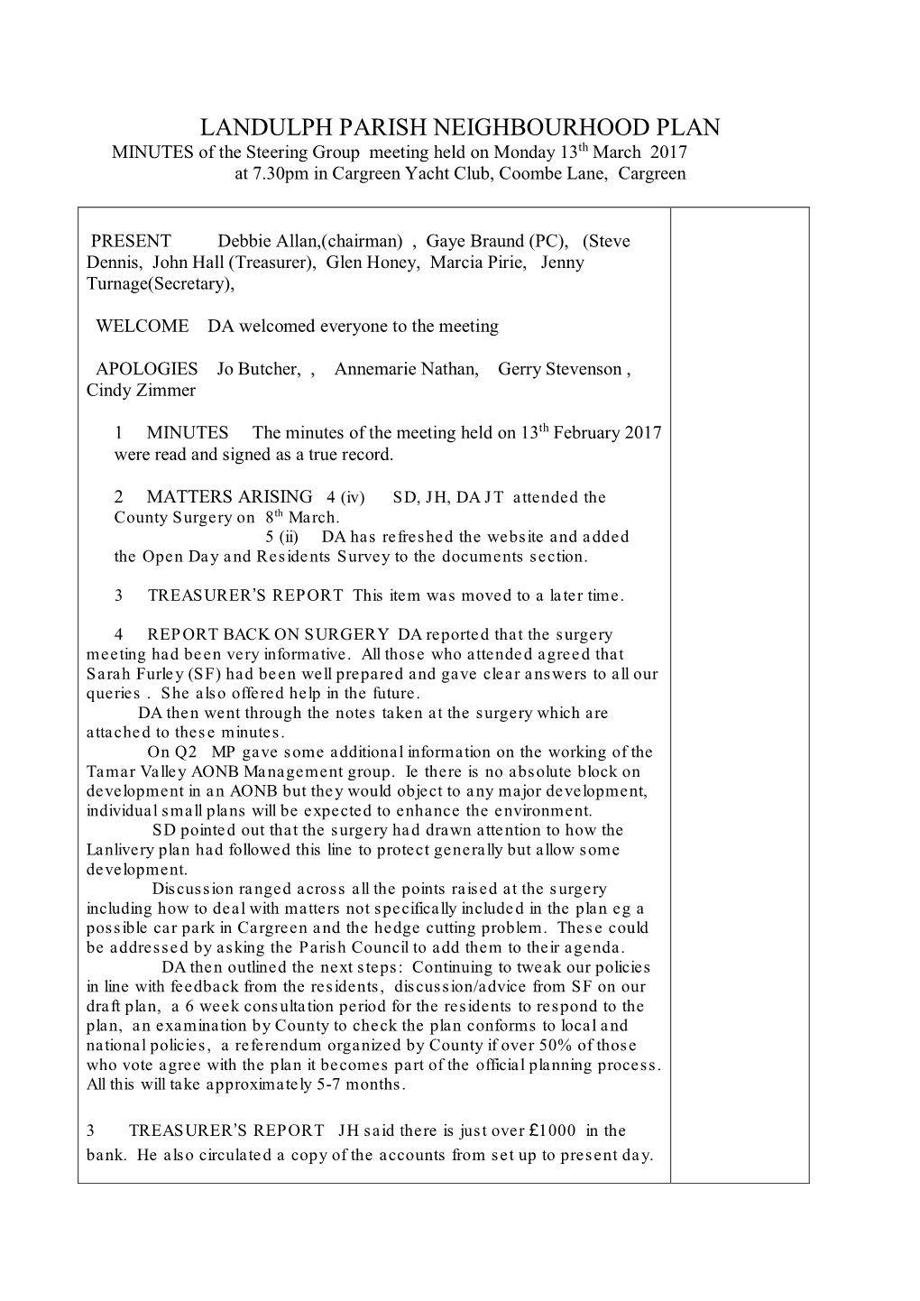 LANDULPH PARISH NEIGHBOURHOOD PLAN MINUTES of the Steering Group Meeting Held on Monday 13Th March 2017 at 7.30Pm in Cargreen Yacht Club, Coombe Lane, Cargreen