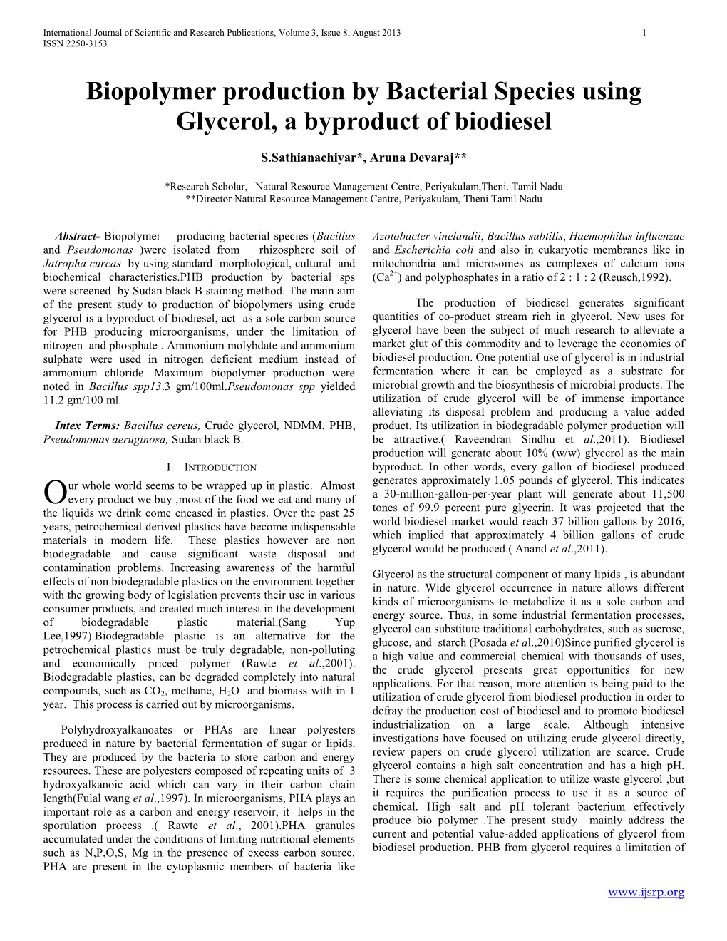 Biopolymer Production by Bacterial Species Using Glycerol, a Byproduct of Biodiesel