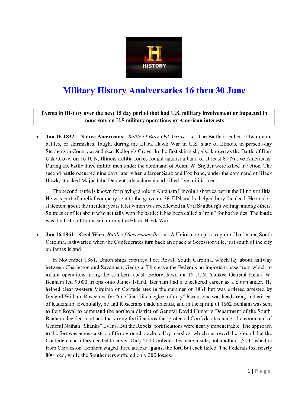 Military History Anniversaries 16 Thru 30 June