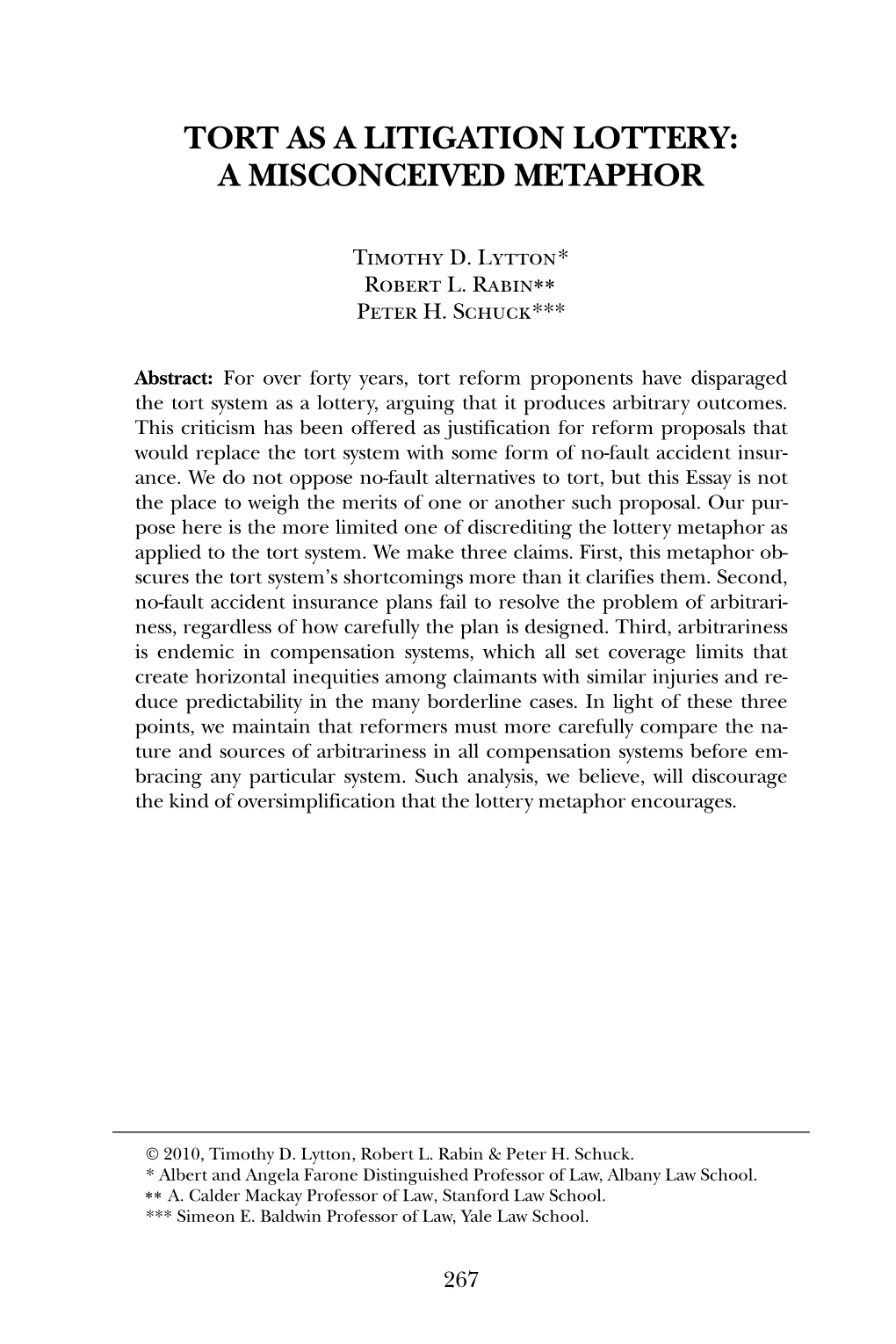 Tort As a Litigation Lottery: a Misconceived Metaphor