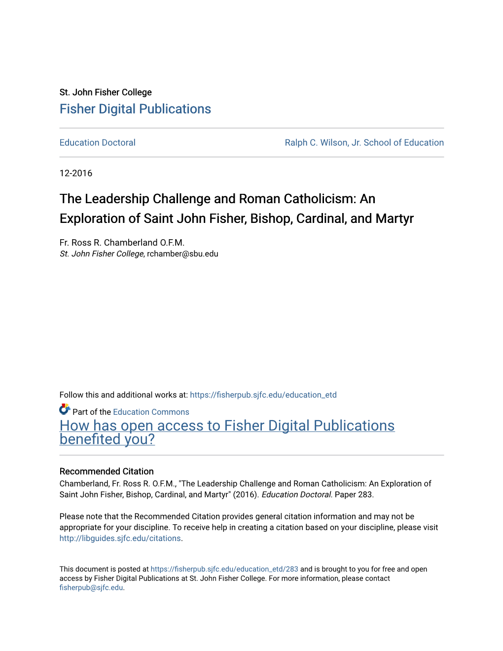 The Leadership Challenge and Roman Catholicism: an Exploration of Saint John Fisher, Bishop, Cardinal, and Martyr