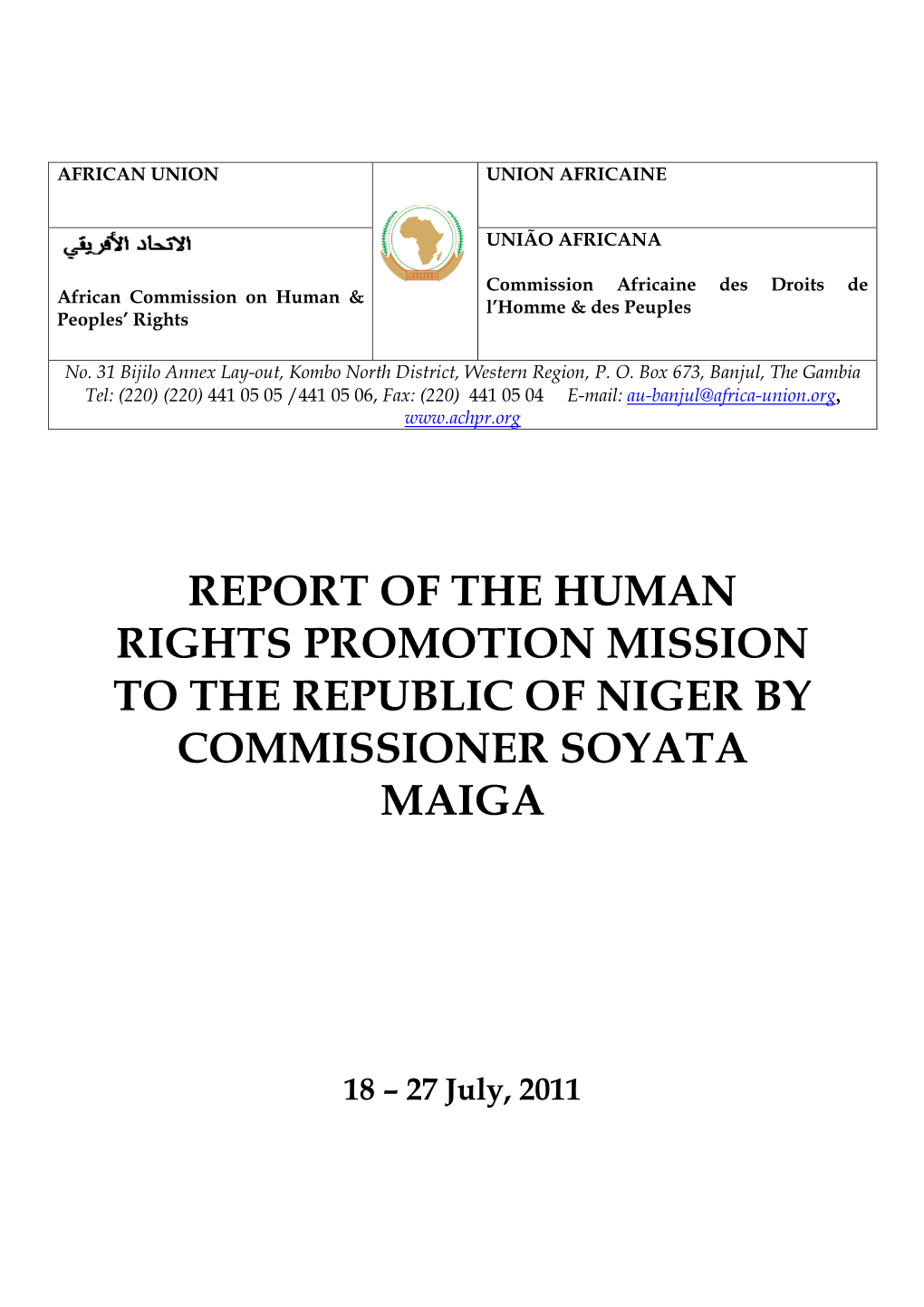 Report of the Human Rights Promotion Mission to the Republic of Niger by Commissioner Soyata Maiga