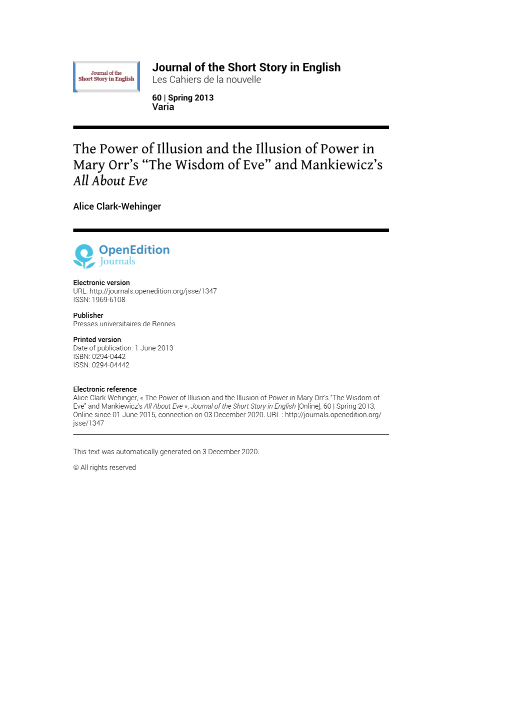 Journal of the Short Story in English, 60 | Spring 2013 the Power of Illusion and the Illusion of Power in Mary Orr’S “The Wisdom of