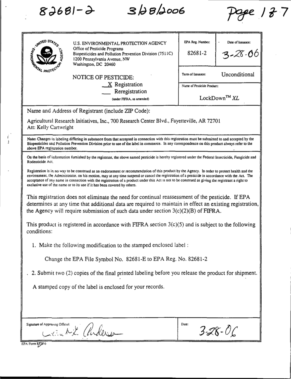 U.S. EPA, Pesticide Product Label, LOCKDOWN XL, 03/28/2006