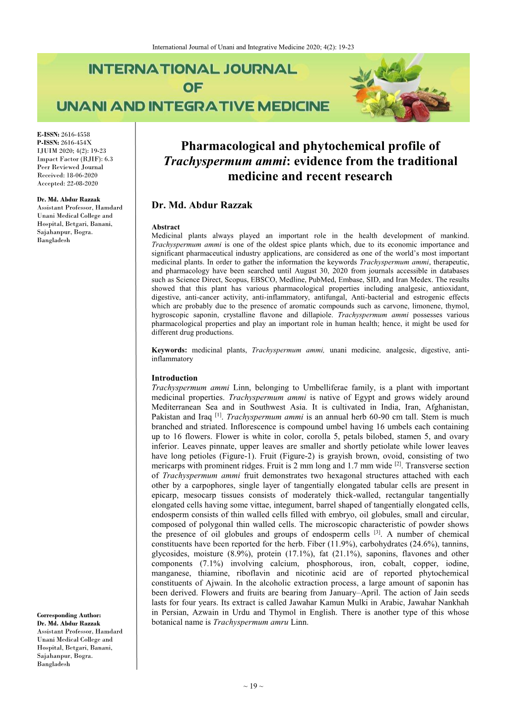 Pharmacological and Phytochemical Profile of Trachyspermum Ammi