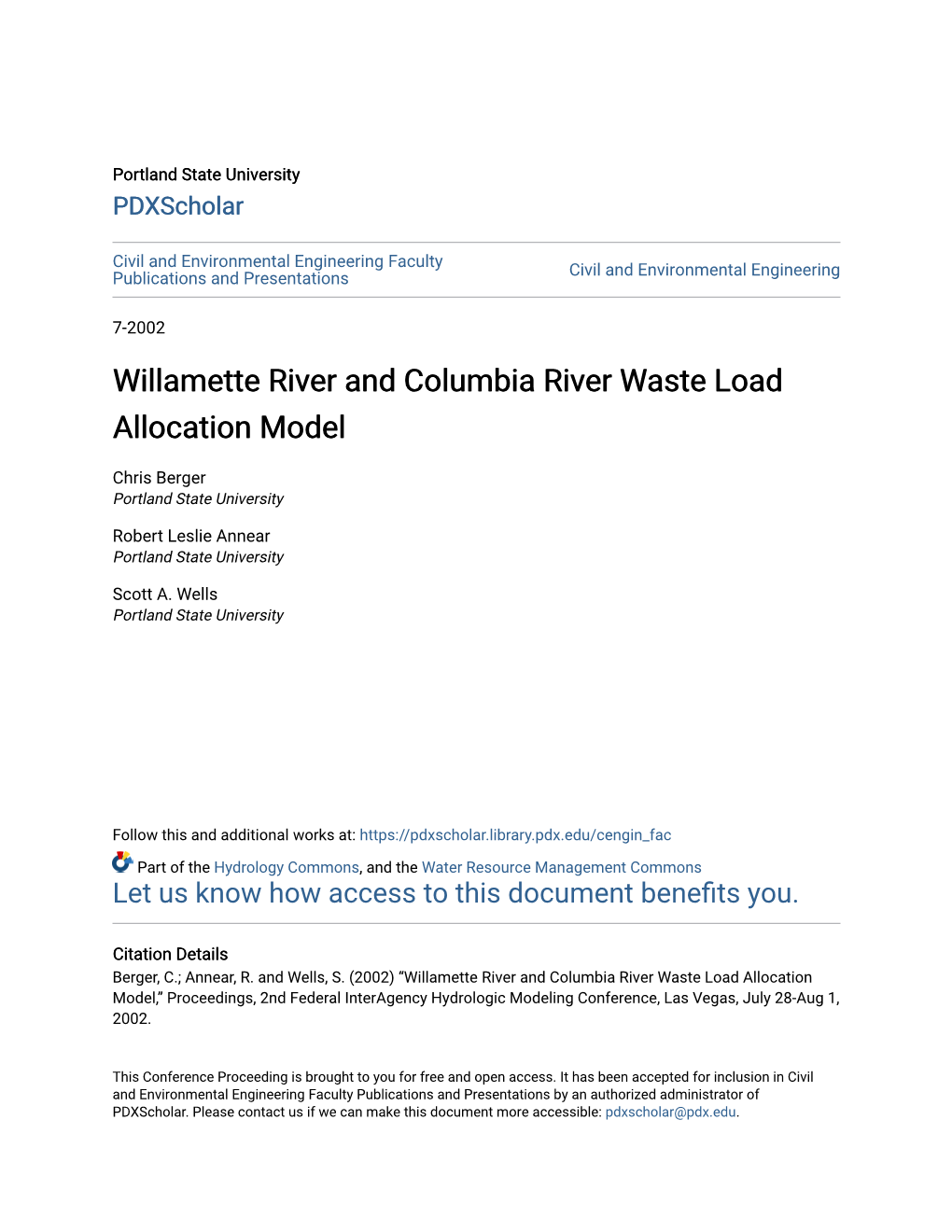 Willamette River and Columbia River Waste Load Allocation Model