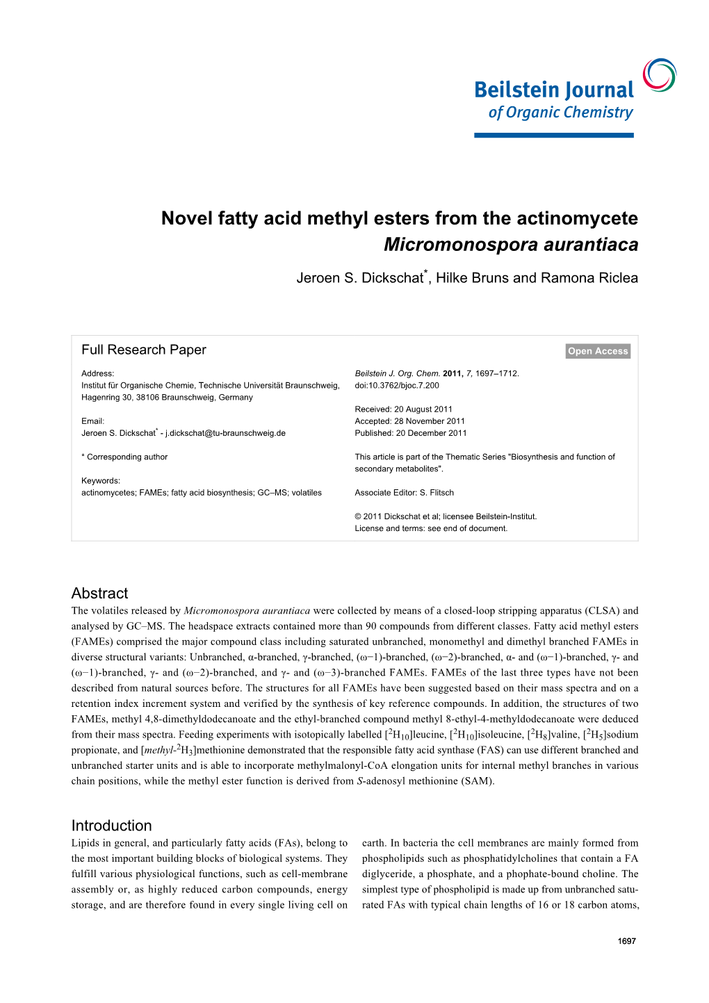 Novel Fatty Acid Methyl Esters from the Actinomycete Micromonospora Aurantiaca