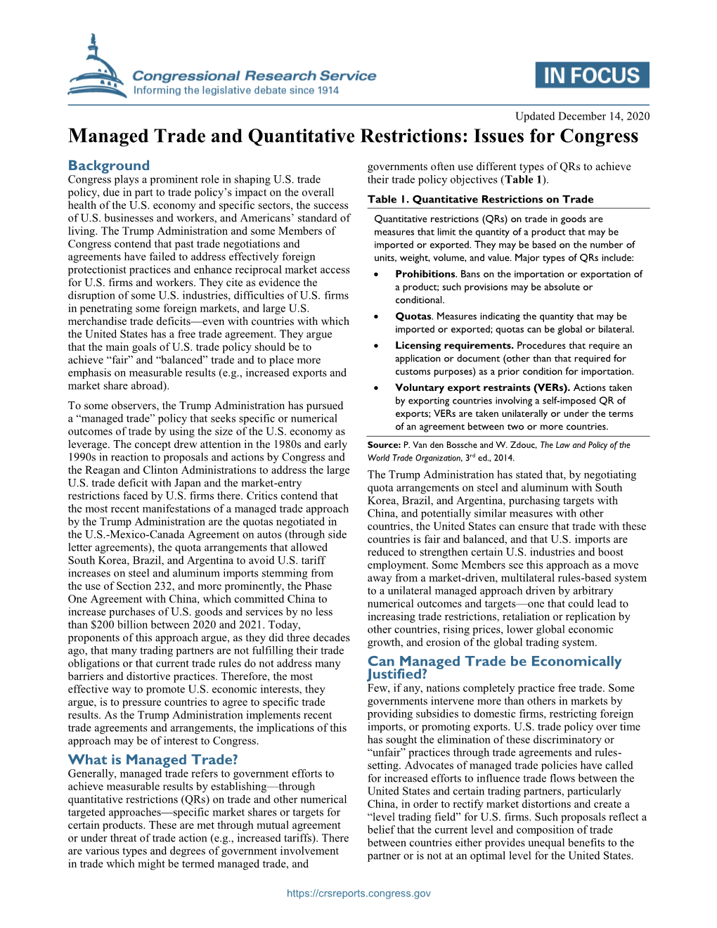 Managed Trade and Quantitative Restrictions: Issues for Congress