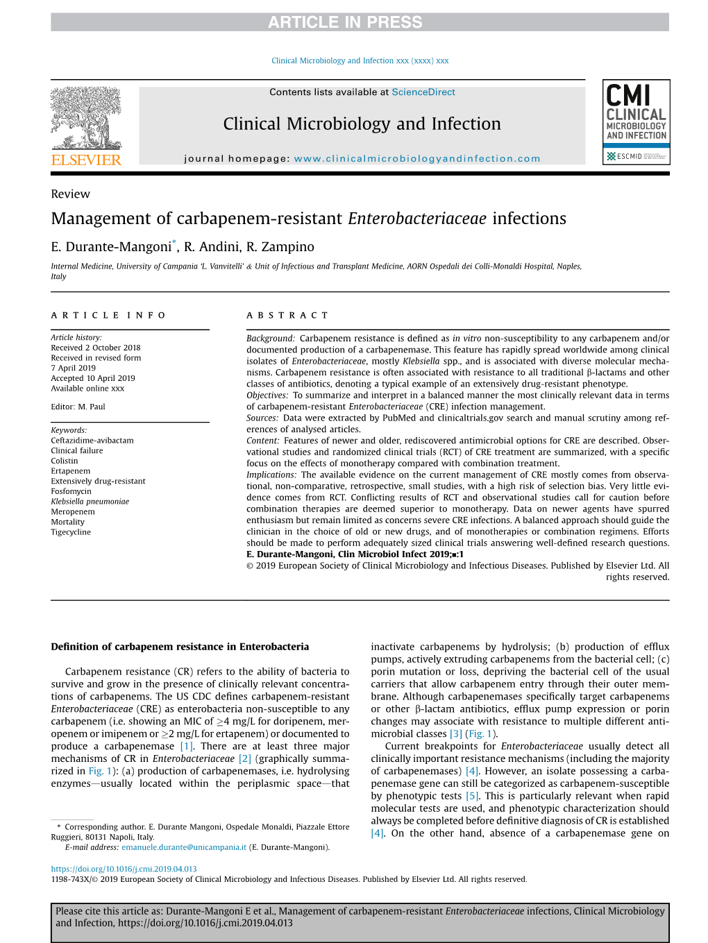 Management of Carbapenem-Resistant Enterobacteriaceae Infections