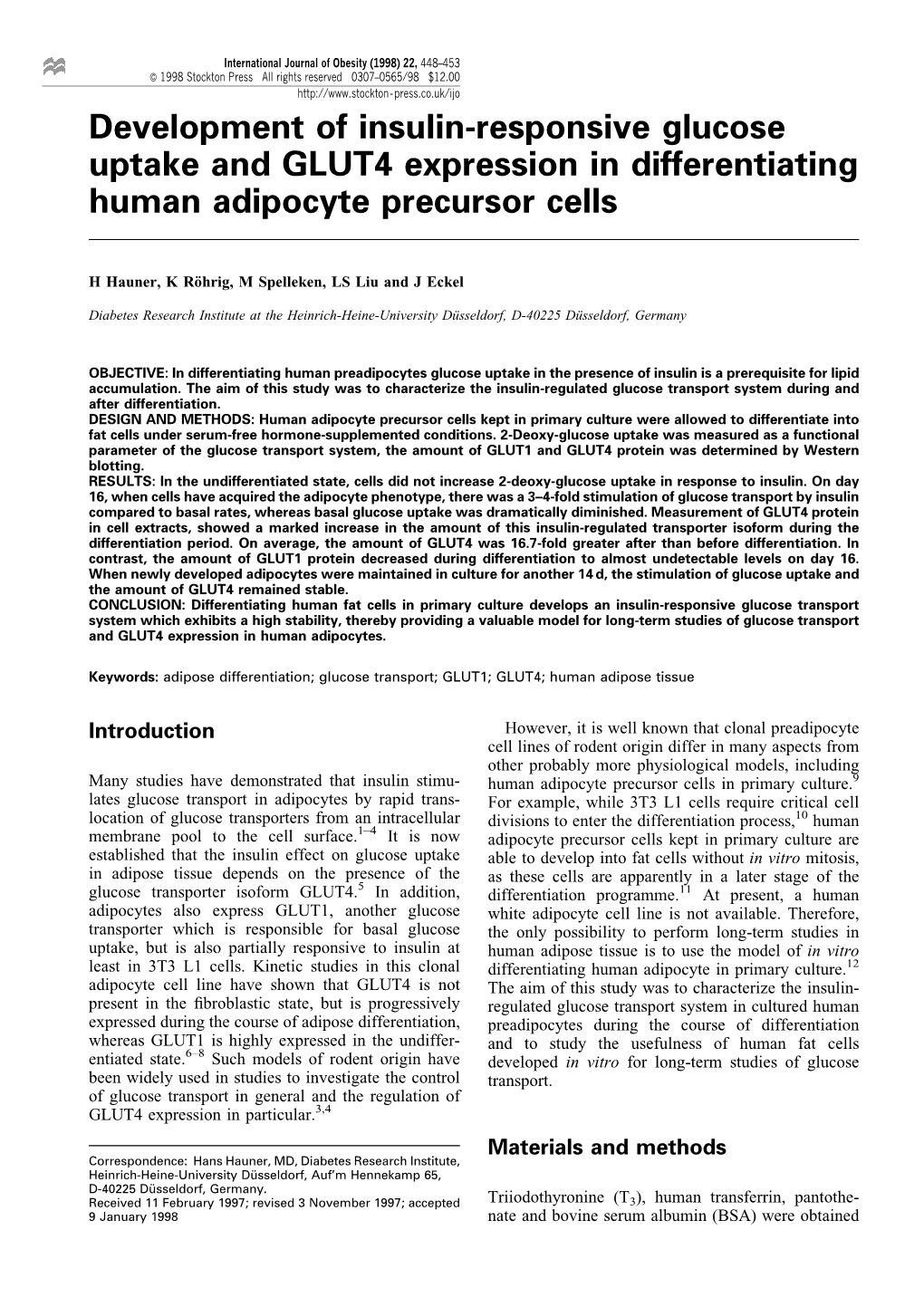 Development of Insulin-Responsive Glucose Uptake and GLUT4 Expression in Differentiating Human Adipocyte Precursor Cells