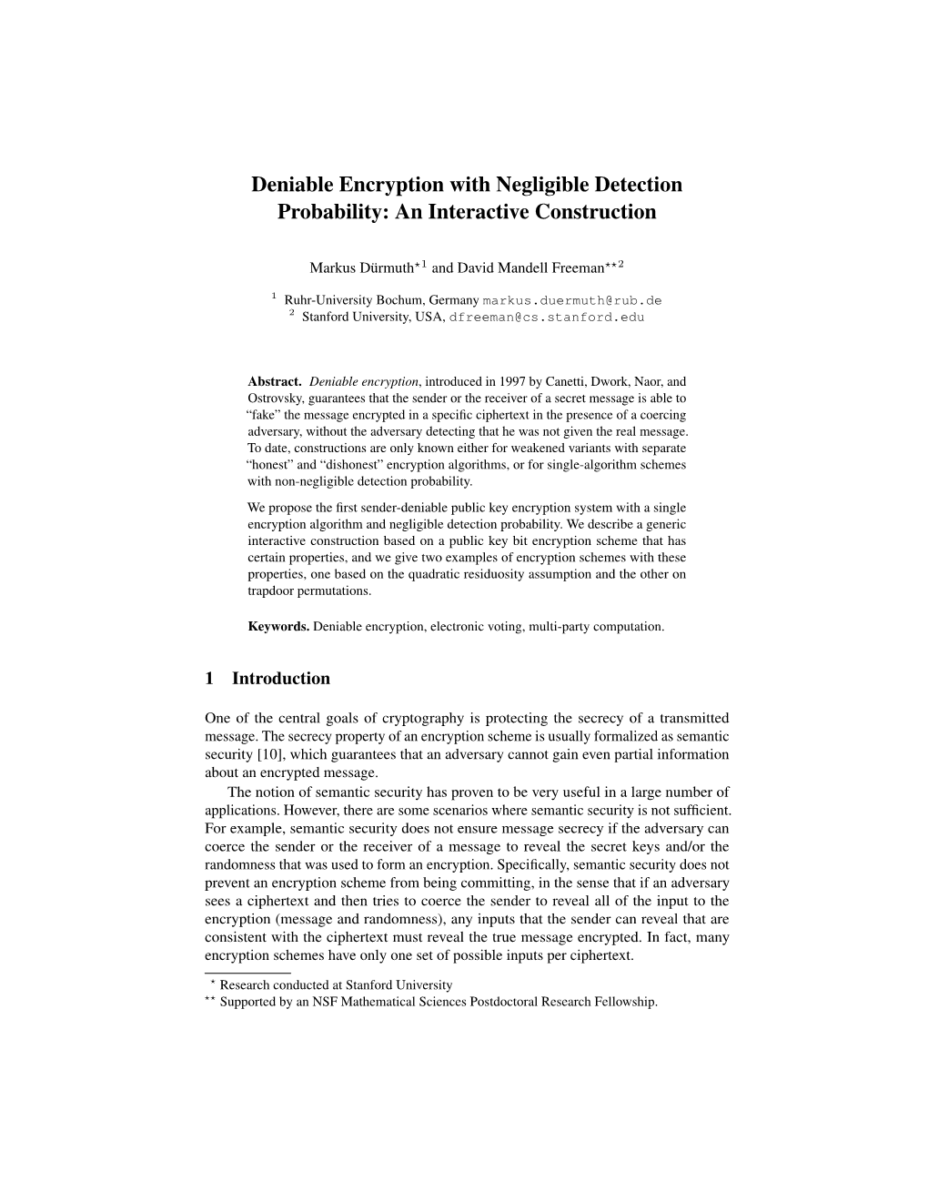 Deniable Encryption with Negligible Detection Probability: an Interactive Construction