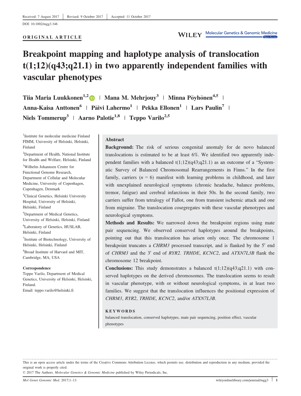 Breakpoint Mapping and Haplotype Analysis of Translocation T(1;12)(Q43;Q21.1) in Two Apparently Independent Families with Vascular Phenotypes