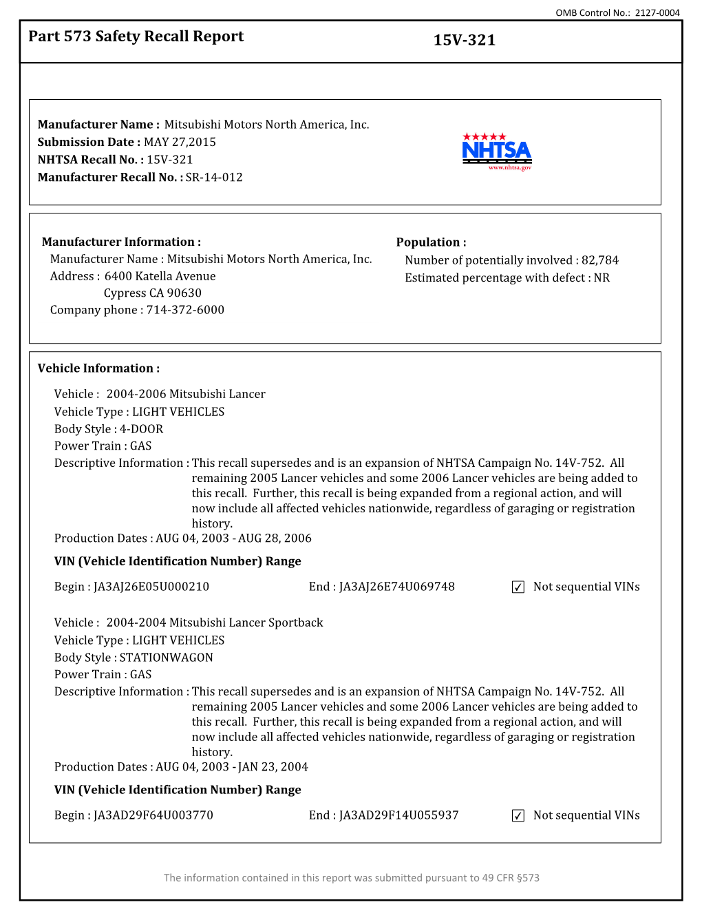 Part 573 Safety Recall Report 15V-321