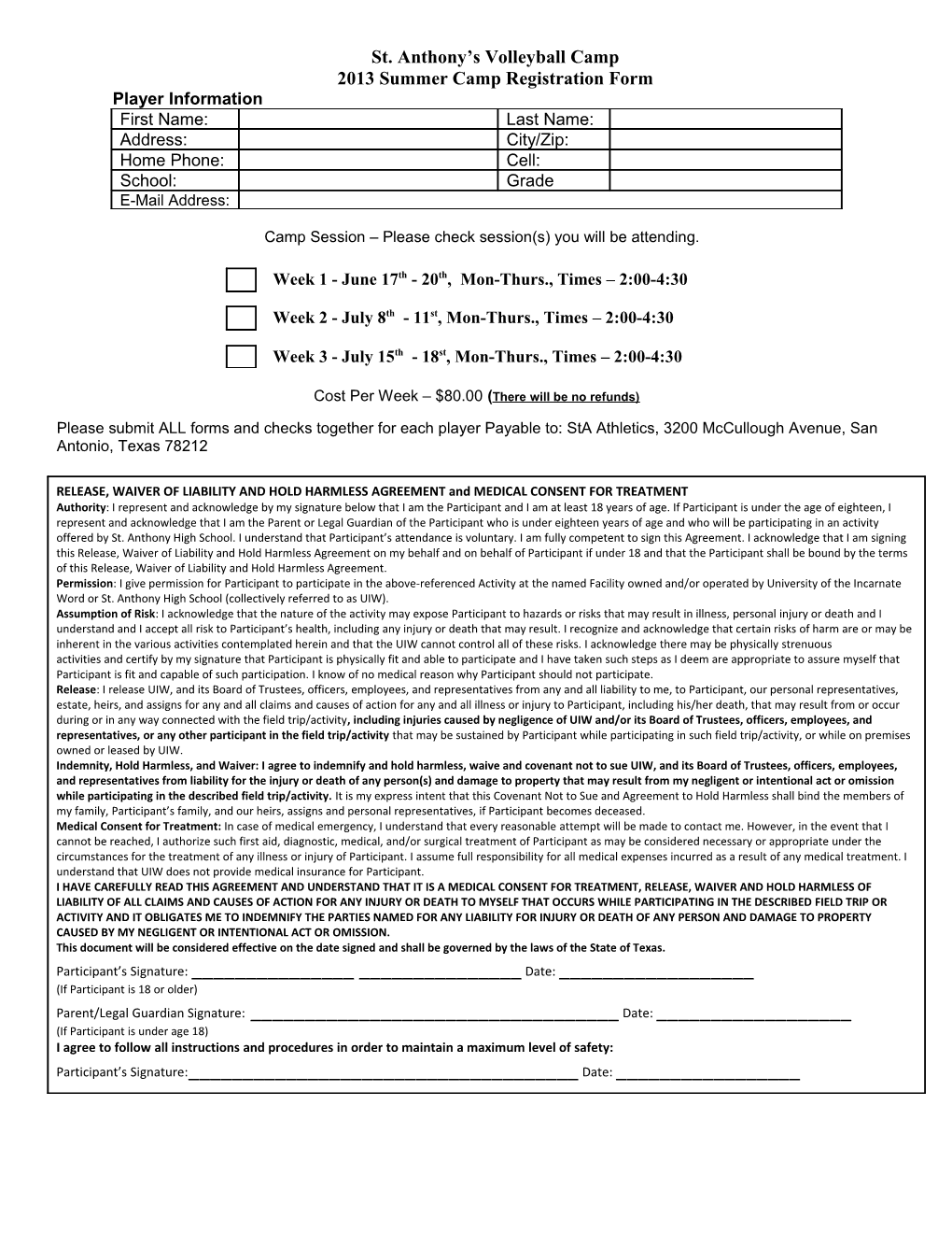 2013 Summer Camp Registration Form