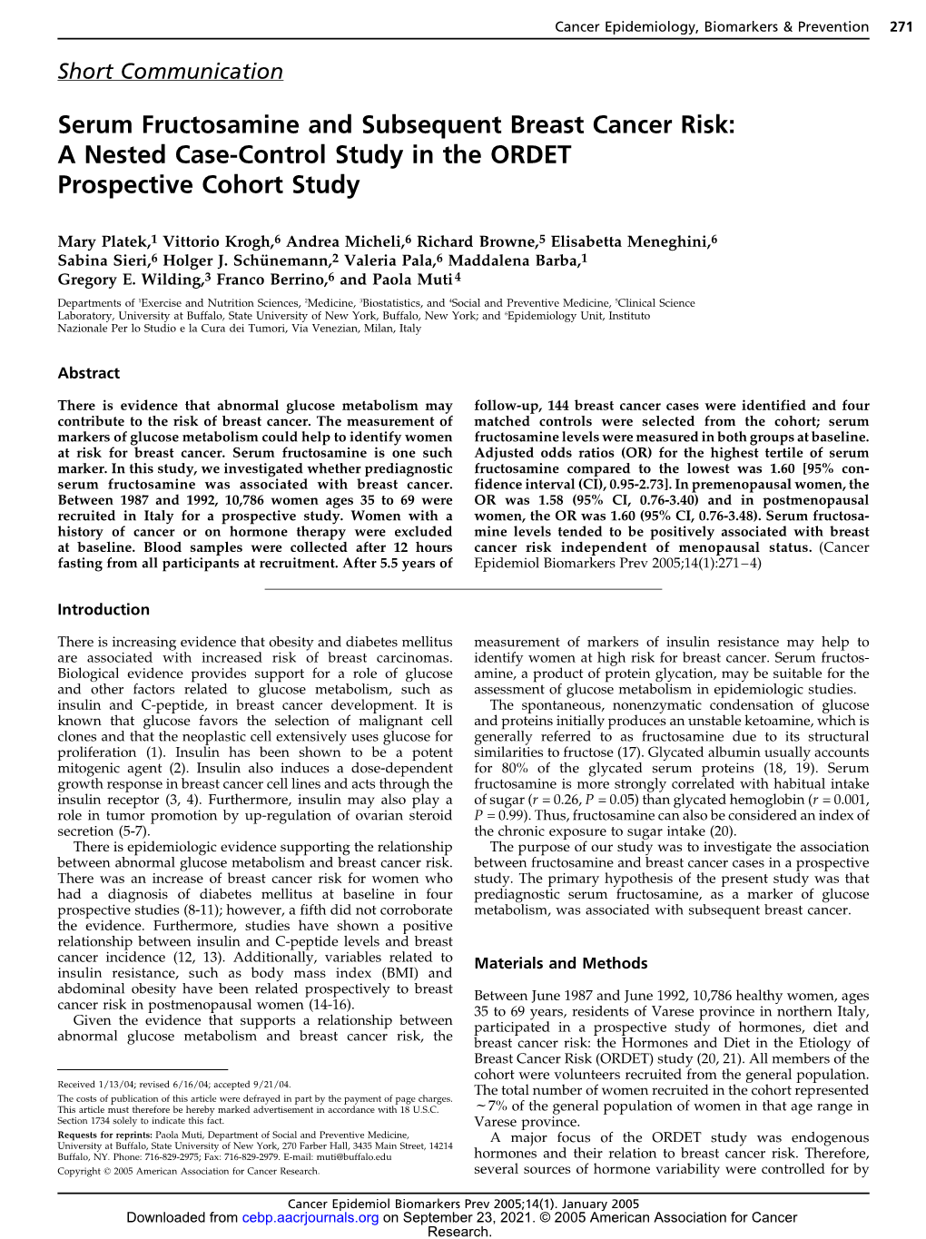 Serum Fructosamine and Subsequent Breast Cancer Risk: a Nested Case-Control Study in the ORDET Prospective Cohort Study