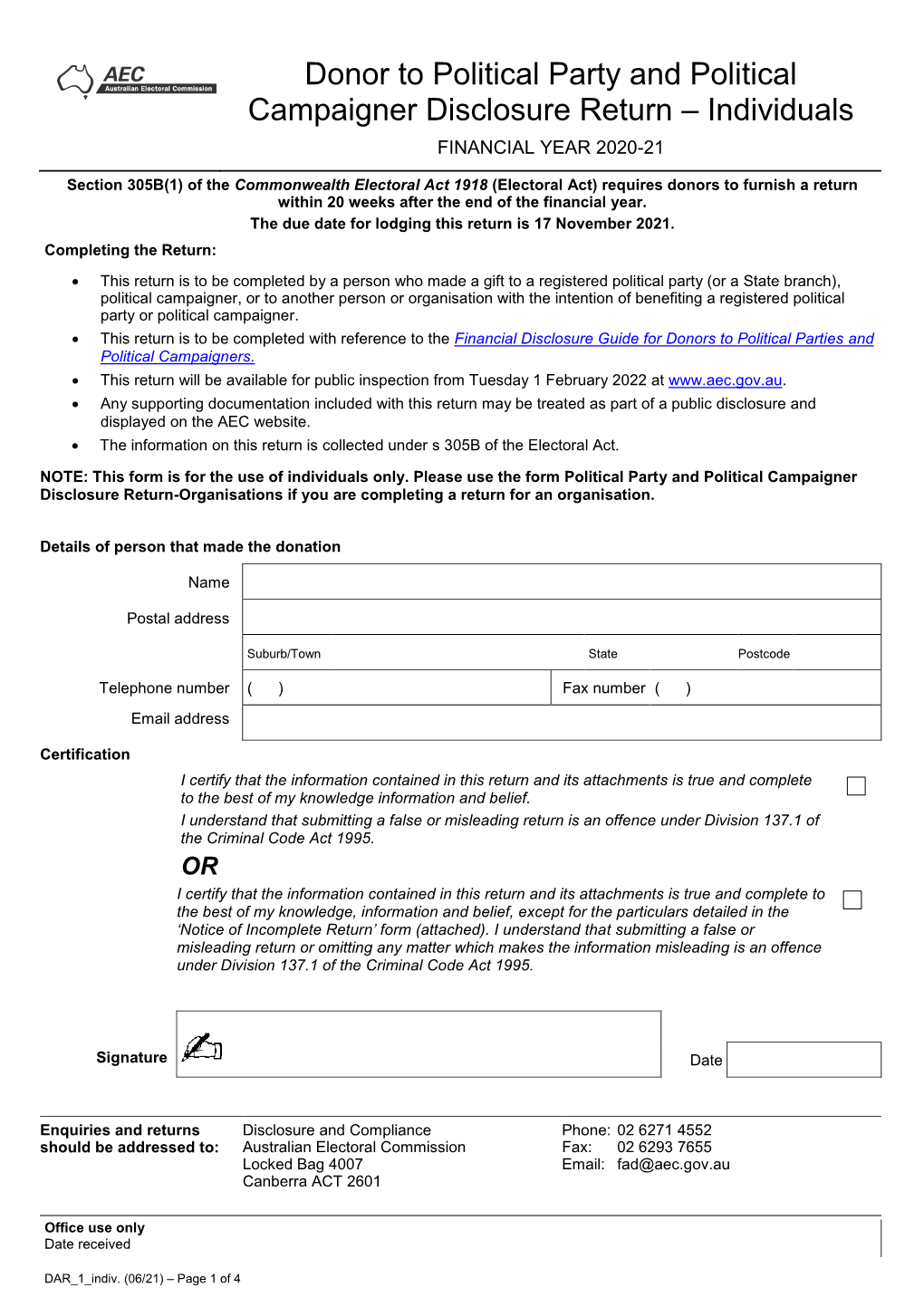 Donor to Political Party and Political Campaigner Return Form