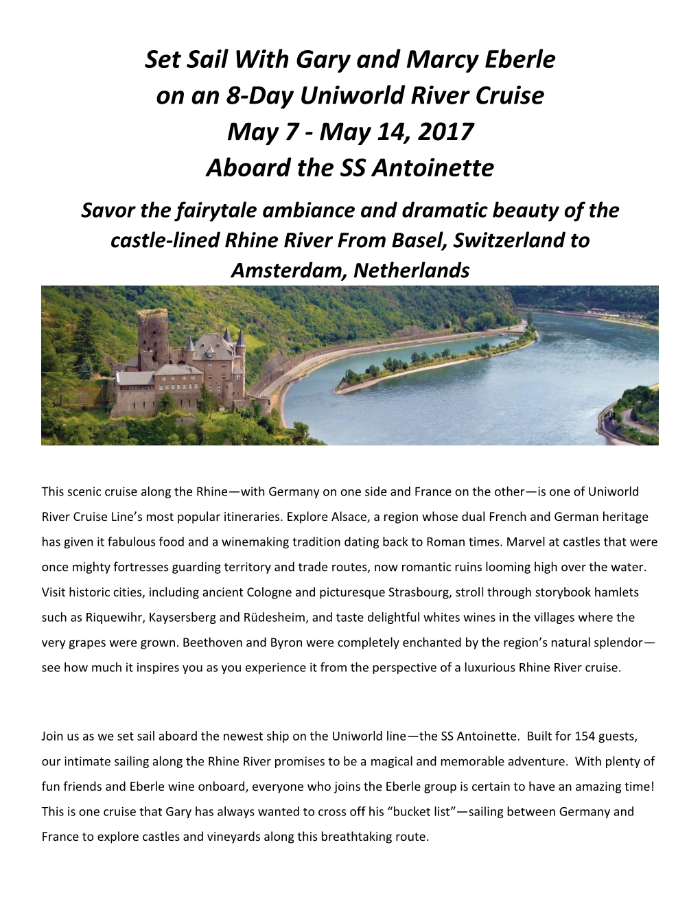 Set Sail with Gary and Marcy Eberle on an 8-Day Uniworld River Cruise May 7