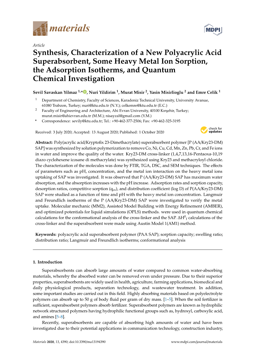 Synthesis, Characterization of a New Polyacrylic Acid Superabsorbent, Some Heavy Metal Ion Sorption, the Adsorption Isotherms, and Quantum Chemical Investigation