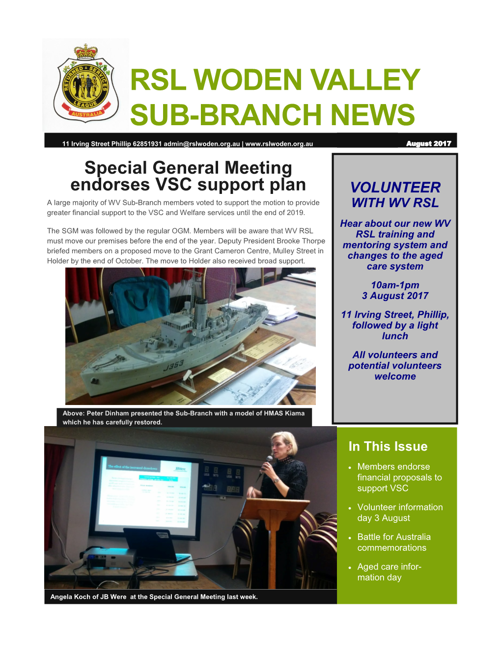 Rsl Woden Valley Sub-Branch News