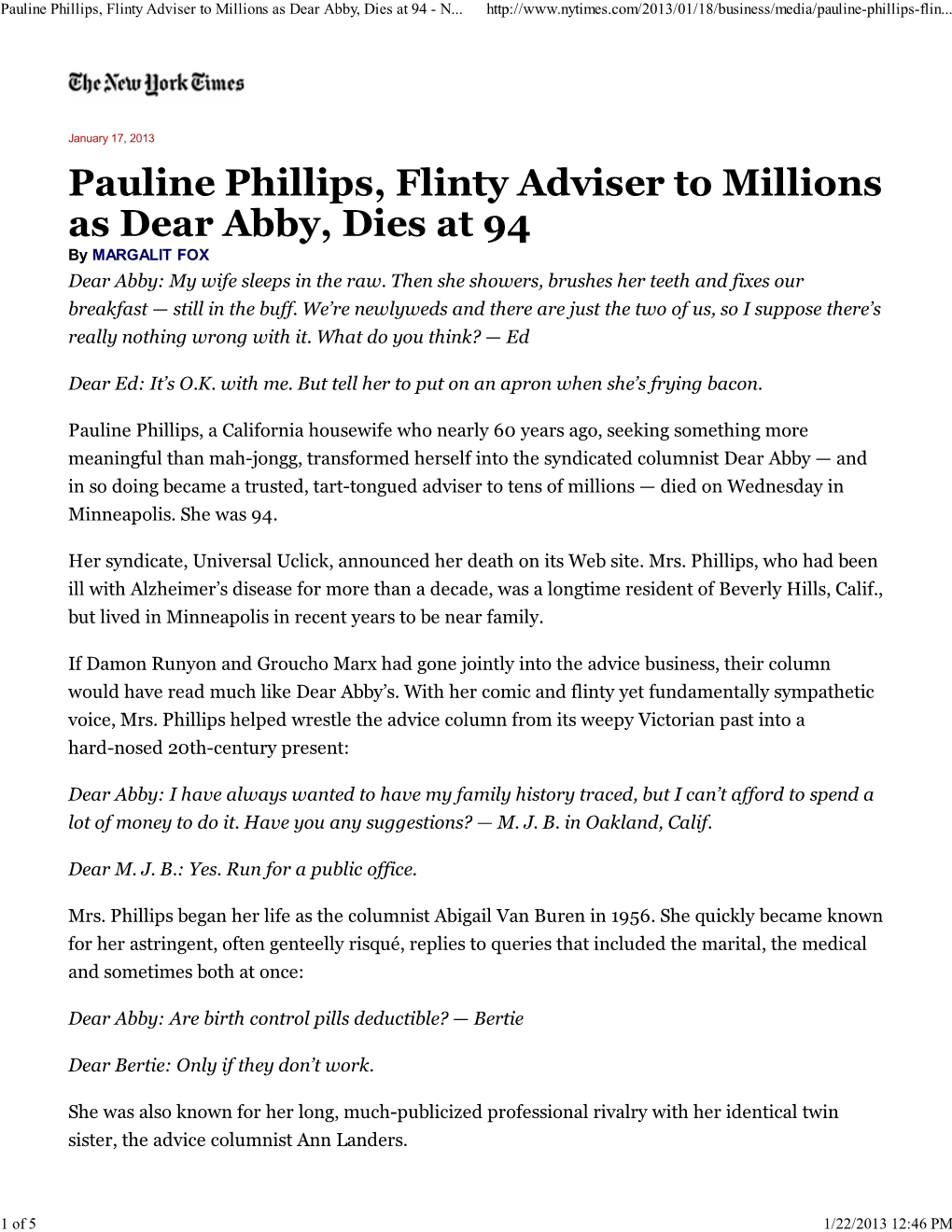 Pauline Phillips, Flinty Adviser to Millions As Dear Abby, Dies at 94 - N