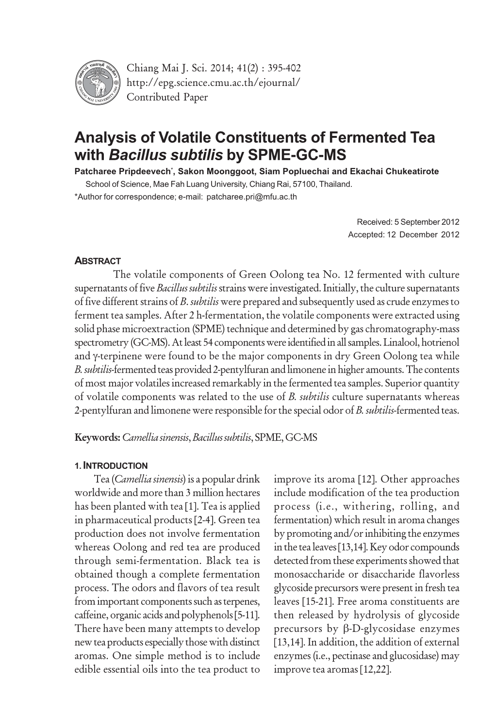 Analysis of Volatile Constituents of Fermented Tea with Bacillus Subtilis