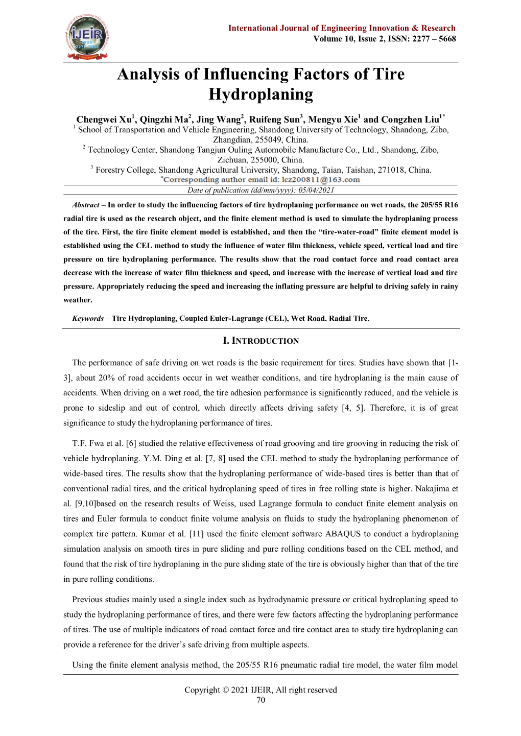 Analysis of Influencing Factors of Tire Hydroplaning