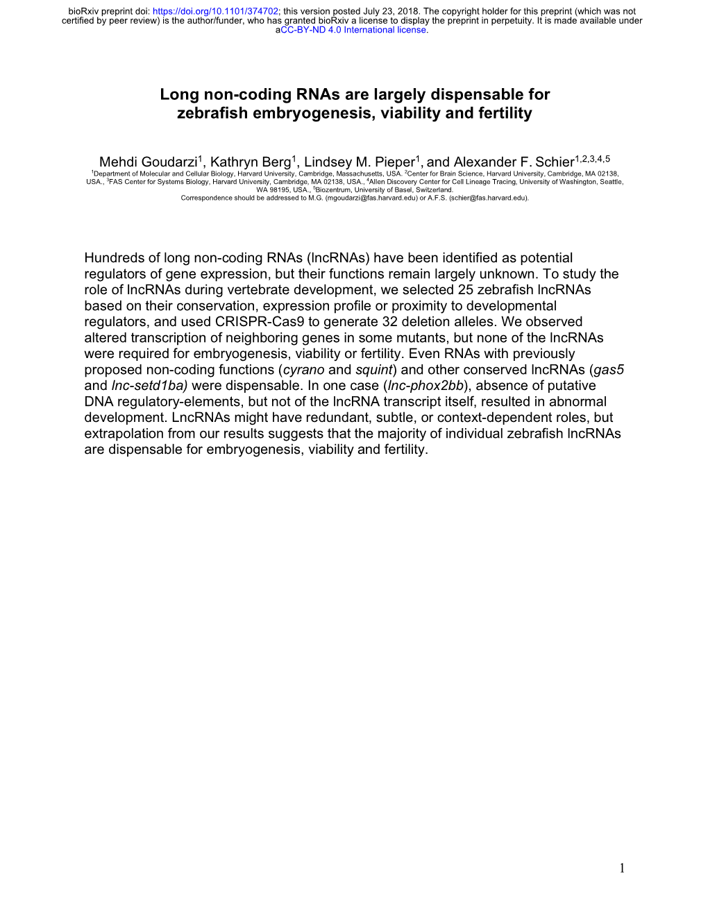 Long Non-Coding Rnas Are Largely Dispensable for Zebrafish Embryogenesis, Viability and Fertility