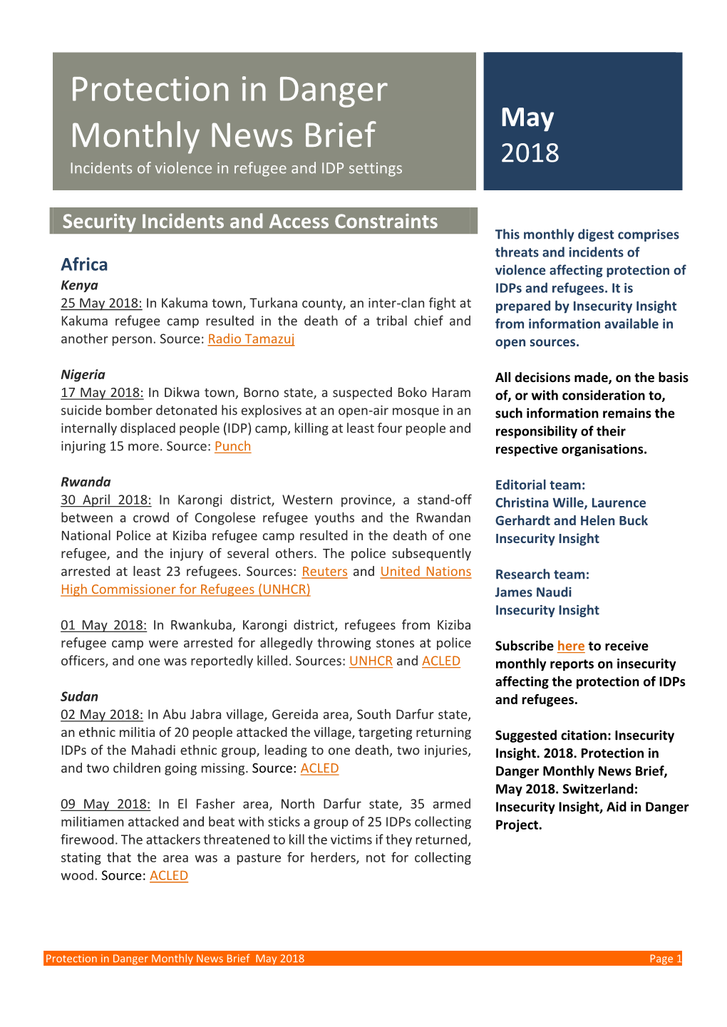 Protection in Danger Monthly News Brief May 2018 Incidents of Violence in Refugee and IDP Settings