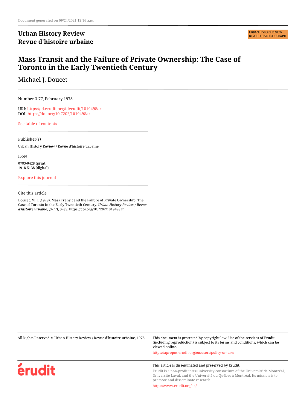 Mass Transit and the Failure of Private Ownership: the Case of Toronto in the Early Twentieth Century Michael J