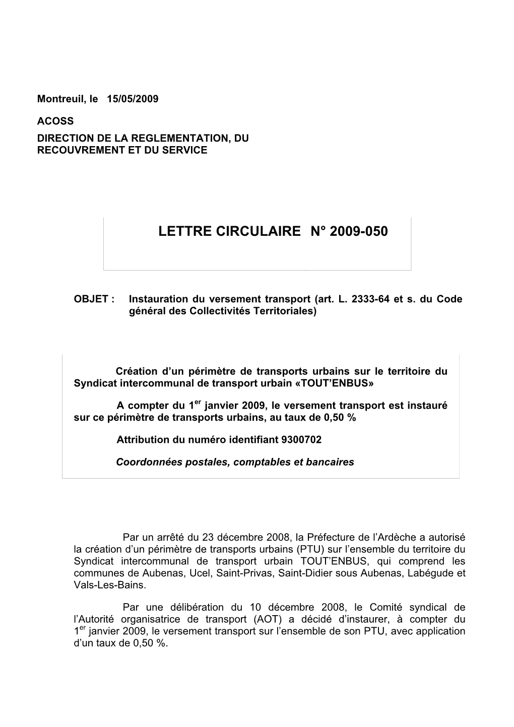 Lettre Circulaire N° 2009-050