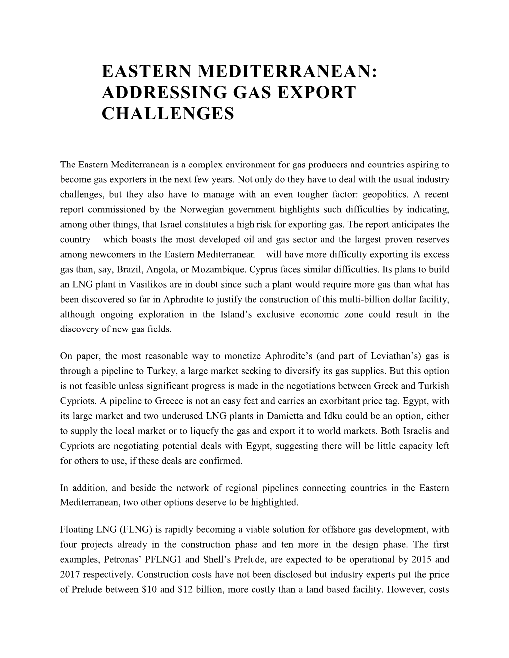 Eastern Mediterranean: Addressing Gas Export Challenges