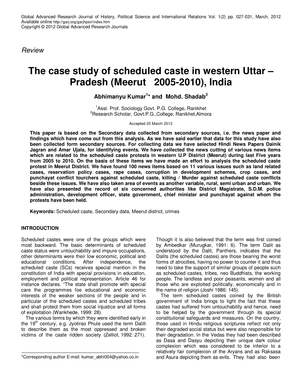 The Case Study of Scheduled Caste in Western Uttar – Pradesh (Meerut 2005-2010), India