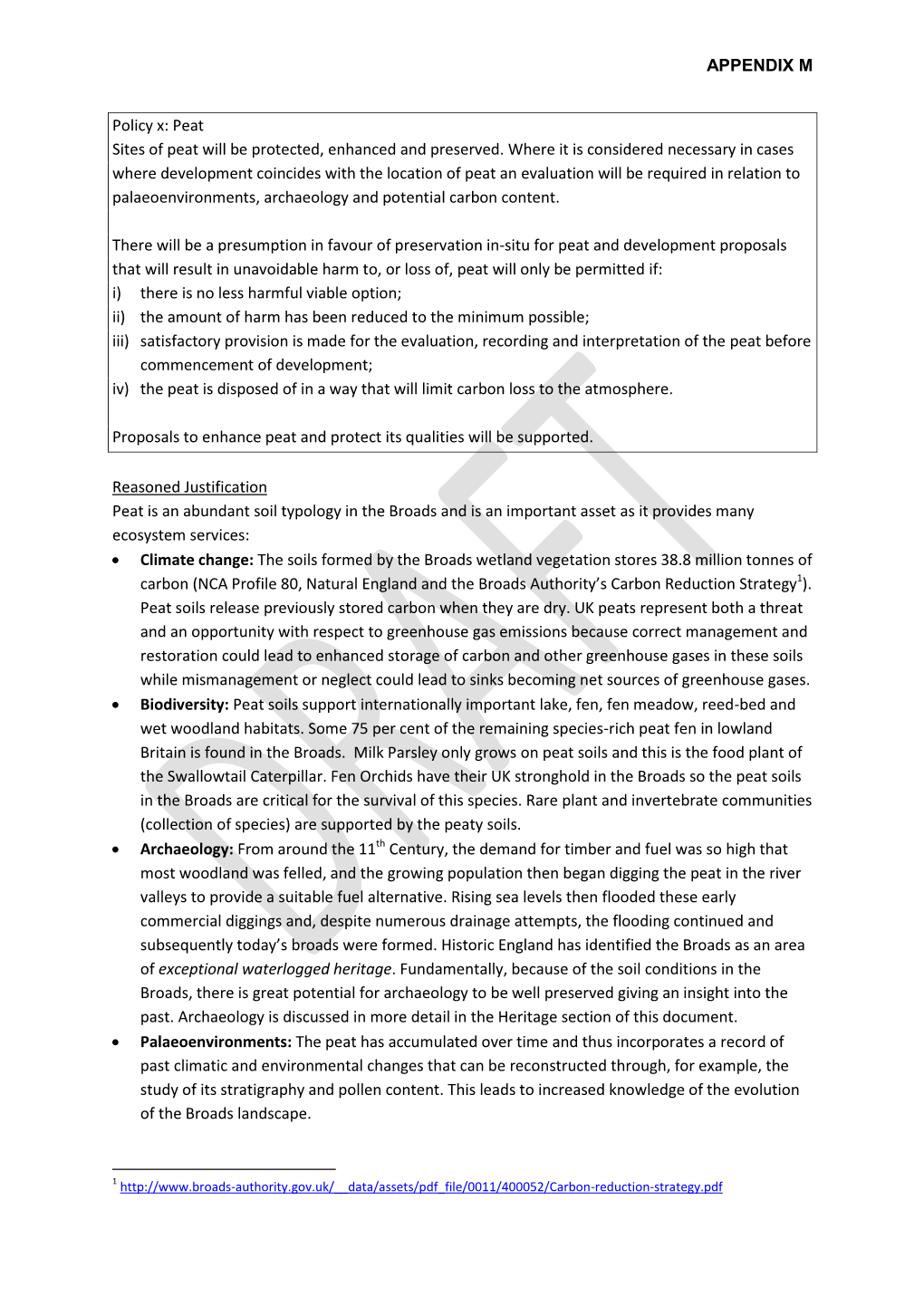 APPENDIX M Policy X: Peat Sites of Peat Will Be Protected, Enhanced