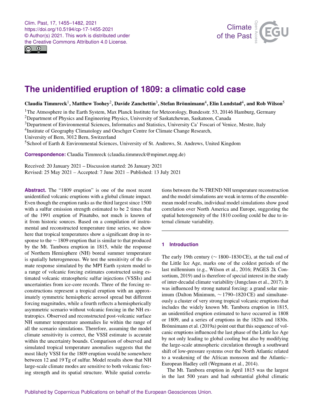 The Unidentified Eruption of 1809: a Climatic Cold Case