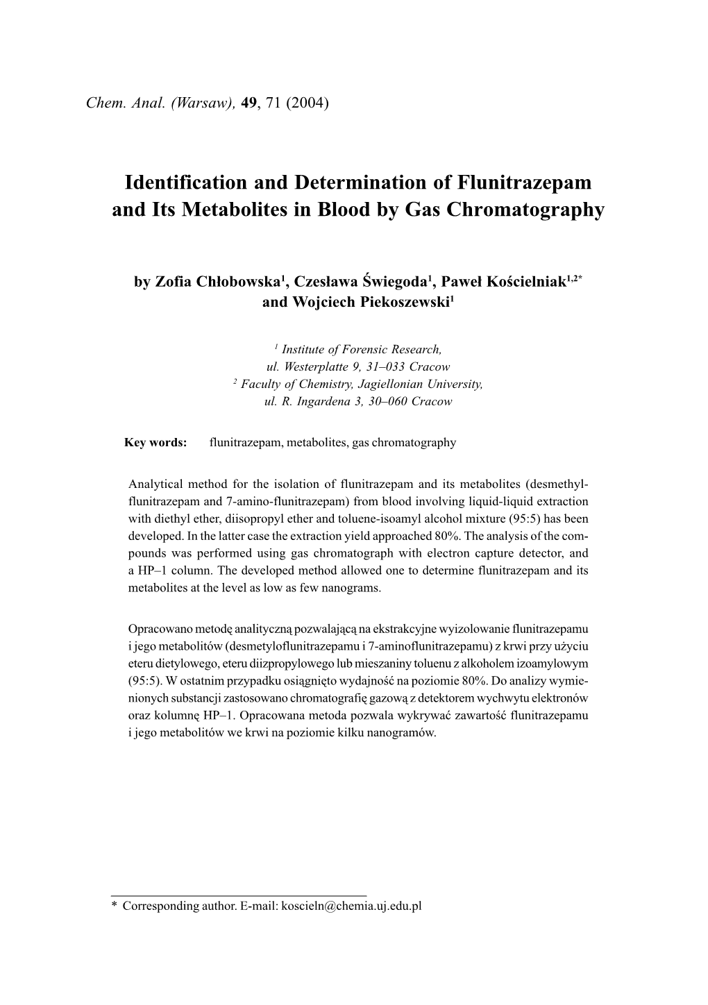 Identification and Determination of Flunitrazepam and Its Metabolites in Blood by Gas Chromatography