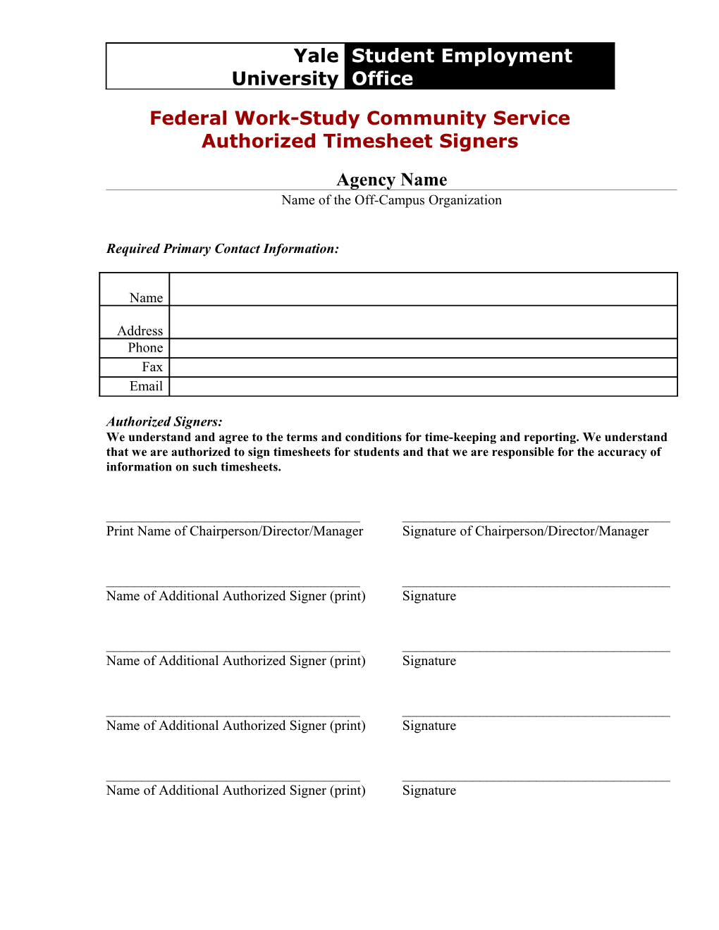 Federal Work-Study Community Service Authorized Timesheet Signers