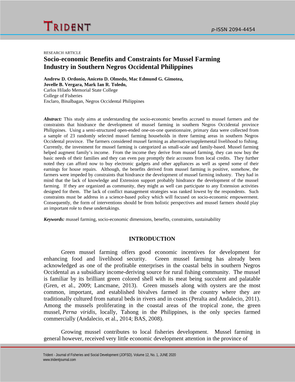 Socio-Economic Benefits and Constraints for Mussel Farming Industry in Southern Negros Occidental Philippines